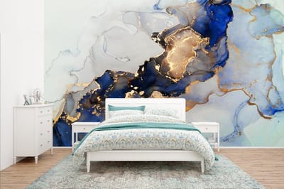 Behang - Fotobehang Marmer - Blauw - Goud - Breedte 400 cm x hoogte 240 cm