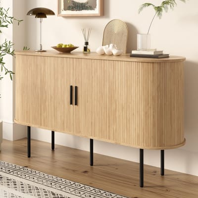 DESMIU Dressoir - Modern MDF Met Rolluikschuifdeur En Aluminium Grepen - Voor Woonkamer, Eetkamer En Hal - Natuurlijke Houtkleur - 140x40x78 Cm