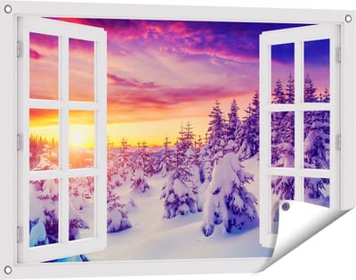Gards Tuinposter Doorkijk Zonsondergang in het Sneeuw Bos - 90x60 cm - Tuindoek - Tuindecoratie - Wanddecoratie buiten - Tuinschilderij