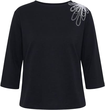 Ulla Popken - Dames - Sweatshirt borduursel boothals 3/4-mouwen - Zwart - Maat 46+