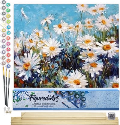 Figured'Art Schilderen op Nummer Volwassenen canvas Veld met madeliefjes op een zonnige dag - Handwerk acrylverf Kit DIY Compleet - 40x50cm met DIY houten lijst