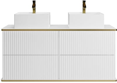 Vente-unique Hangmeubel voor badkamer met ribbels en goudkleurige rand met dubbele opbouwwastafel - Wit - 120 cm - KELIZA