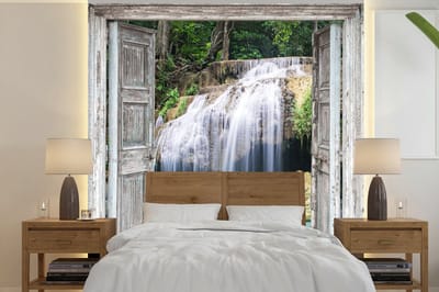 Behang - Fotobehang Doorkijk - Waterval - Natuur - Landschap - Breedte 240 cm x hoogte 240 cm