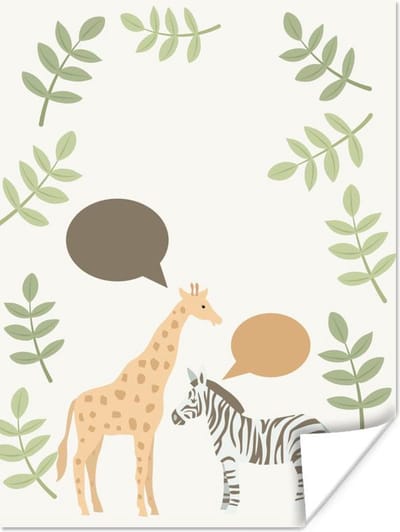 Poster tekening van een zebra en een giraffe in pastelkleuren - 90x120 cm
