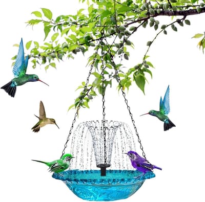 Ulisem - Vogelbad fontein - Hangend zonne-energie - Enkele laag - Blauw - Waterstroom met zonnepaneel - Inclusief metalen haak en kettingen - Voor tuin en terras - Decoratief en vogelvriendelijk