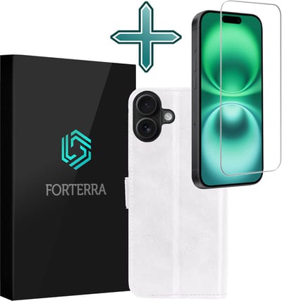 Hoesje Met Screenprotector - Geschikt voor Apple iPhone 16 - Luxe Pasjeshouder - Flipcase - Bookcase Portemonee - Flip Case - Kunstleer Book Case - Book Cover - Walletcase - Portemonneehoes - Wit