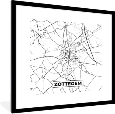 Fotolijst incl. Poster Zwart Wit- Zwart Wit – België – Plattegrond – Stadskaart – Kaart – Zottegem - 40x40 cm - Posterlijst