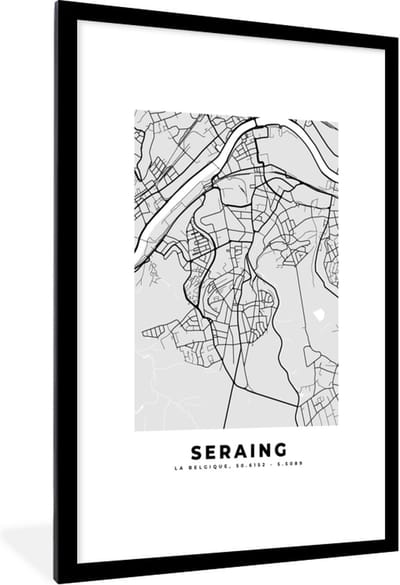 Fotolijst incl. Poster Zwart Wit- België – Seraing – Stadskaart – Kaart – Zwart Wit – Plattegrond - 80x120 cm - Posterlijst