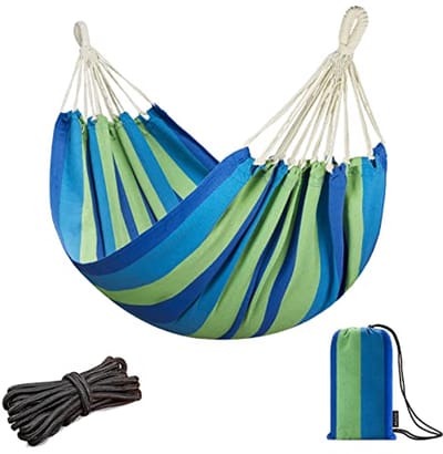 Hammock voor Één Persoon - Draagbaar met Hangtouwen en Draagtas, 78.8 x 39.4 inch Grote Katoenen Hangmat voor Tuin en Binnen - 300lbs Capaciteit - Blauwe Strepen