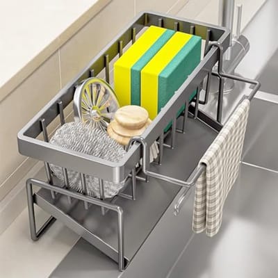 Gooi Organiser met Zelfafvoerende Lade - Keuken Caddy voor Sponshouder en Aanrechtopslag