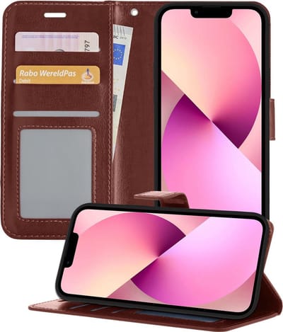 Hoesje - Met Pasjeshouder - Geschikt voor Apple iPhone 13 - Luxe Bookcase Portemonee - Flip Case - Kunstleer Book Case - Flipcase - Book Cover - Walletcase - Portemonneehoes - Telefoonhoesjes - Bruin
