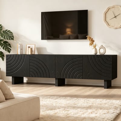 FloraGrace Tv Meubel - Modern Lowboard Met 4 Deuren En Opbergruimte - Voor Woonkamer En Televisie Tot 75 Inch - Spaanplaat - 180x40x55 Cm - Zwart