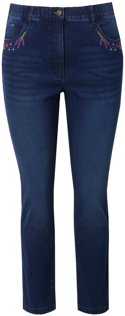 Ulla Popken - Dames - Jeans Mia borduursel comfortabele tailleband stretchdenim - Blauw denim - Maat 54