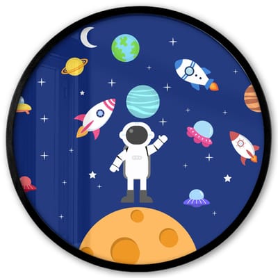 Poster in lijst Rond - Fotolijst 40x40 cm - Posters - Ruimte - Astronaut - Raket - Blauw - Ronde posterlijst zwart - Decoratie - Wanddecoratie woonkamer - Muurdecoratie slaapkamer