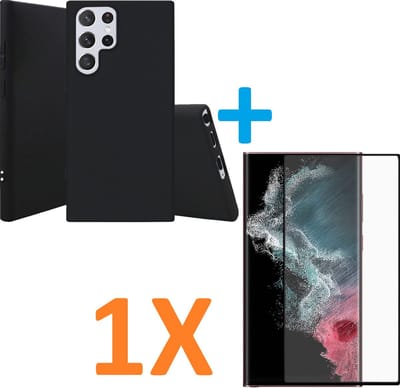 Silicone hoesje zwart met 1 Pack Tempered glas Screen Protector Geschikt voor: Samsung Galaxy S22 Ultra