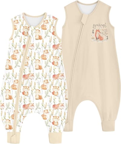 Set van 2 babyslaapzakken met voeten, 0,5 Tog-waarde, 100% katoen, zomerslaapzak voor 18-36 maanden, comfortabel en ademend, geschikt voor jongens en meisjes, 80 cm, lichtbruin