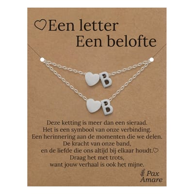 Letter B ketting + armband set op Cadeau Kaartje - Een letter, een belofte - Zilverkleurig Stainless Steel - Initiaal & Hartje Hanger - Pax Amare