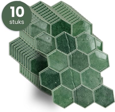 STACK® Plaktegels - 10 Stuks - Hexagon Tegel - Groen - 25.4 x 23.8 cm - Zelfklevende Tegels & Tegelstickers - Plak Tegels - Wandtegel Stickers & Zelfklevende Wandtegels - Keuken & Badkamer Tegels - 3D Muurstickers