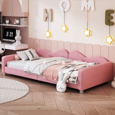 REDOM Kinderbed – Multifunctioneel als bed of slaapbank – Zachte teddy stof – Roze – 214,5 x 95 x 42 cm