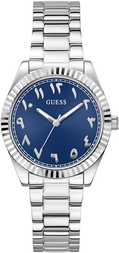 Guess Luna Analoog Quartzhorloge Zilverkleurig Kast Gemaakt Van 100% Roestvrij Staal En Een Armband Van 100% Roestvrij Staal 36 GW0735L1, GW0735L2