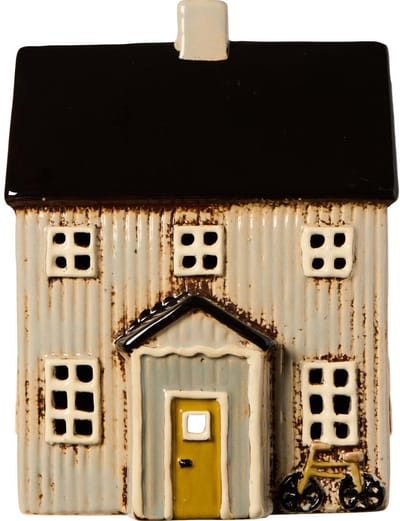 Ib Laursen - Keramieken Huisje - Visby - Beige chalet met zwart dak en fiets - Waxinelichthouder