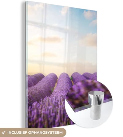MuchoWow® Glasschilderij 30x40 cm - Schilderij acrylglas - Lavendel - Lucht - Wolken - Bloemen - Foto op glas - Schilderijen