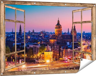 Gards Tuinposter Doorkijk Amsterdam Skyline bij Zonsondergang - 120x80 cm - Tuindoek - Tuindecoratie - Wanddecoratie buiten - Tuinschilderij