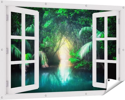 Gards Tuinposter Doorkijk Tropische Jungle met een Turquoise Meer - 150x100 cm - Tuindoek - Tuindecoratie - Wanddecoratie buiten - Tuinschilderij
