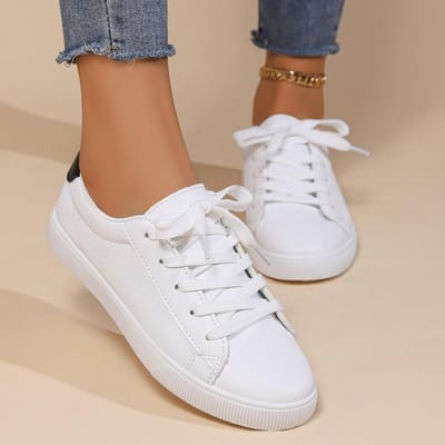 Casual Dames Enkelschoenen Lente Nieuwe Mode Ronde Neus Veters Platte Zool Mode Grote Maat Dames Enkelschoenen 42 wit