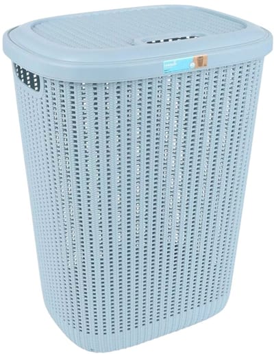 Keeeper gevlochten kunststof wasmand met deksel Arne blauw 57 Liter