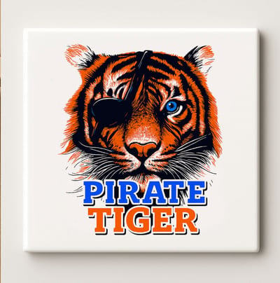 Pirate Tiger Tegel – Stoere 15x15 cm Keramische Muurdecoratie | Uniek Dierenontwerp Cadeau voor Natuur- en Avontuurliefhebbers