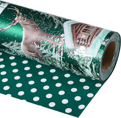 Omkeerbaar Kerst Inpakpapier Rol met Herten en Huispatroon