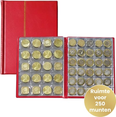 DIVERZA Muntenalbum 250 Munten – Luxe Leren Kaft – Beschermrand Tegen Uitvallen – Muntverzameling Opbergen – Cadeau voor Verzamelaars – Rood