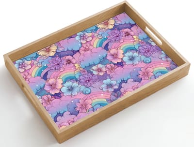 Dienblad hout 50x35 cm - Schootdienblad - Regenbogen - Bloemen - Kleurrijk - Wolken - Borrelplank rechthoek - Plateau dienbladen