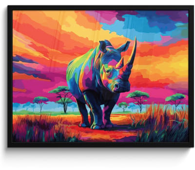 Poster in lijst - Fotolijst 80x60 cm - Posters - Neushoorn - Zonsondergang - Savanna - Kleurrijk - Posterlijst zwart - Decoratie - Wanddecoratie woonkamer - Muurdecoratie slaapkamer