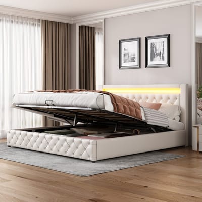 MEUNIQ gestoffeerd bed 180 x 200 cm met lattenbodem, opklapbare opbergruimte en LED-hoofdbord, tweepersoons bedframe voor slaapkamer of logeerkamer, wit