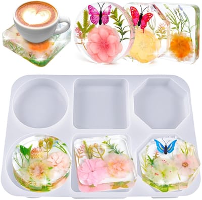 Dailygoods - Onderzetters van silicone, doe-het-zelf onderzetters, siliconen vormen, siliconen vormen van epoxyhars, 6 holle vormen, rond, vierkante en achthoekige gietvormen, voor doe-het-zelf kunsthandwerk