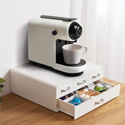 Famanu - Crèmekleurige capsulehouder met 4 lades, geschikt voor Nespresso, moderne organizer voor koffiecups en accessoires