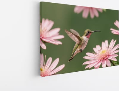 Saammp Canvas Schilderij - Kolibrie tussen de bloemen - Natuur - Dieren- 45x30 - Foto op canvas - Wanddecoratie - Muurdecoratie Woonkamer - Slaapkamer decoratie - Canvas Print