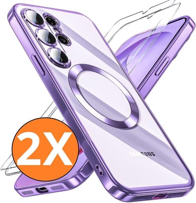 Hoesje Magsafe Geschikt voor Samsung Galaxy S26 hoesje backcover Paars – Lens beschermer – Transparant hoesje met Samsung S26 screenprotector - 2 stuks