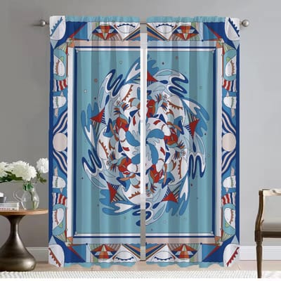 Decoratie voor Halloween in Chinese stijl Keukengordijnen voor woonkamer Raamgordijn voor kamer 2 panelen Interieurgordijnen voor thuis Kind W50xH70cmx2pcs-CL blue
