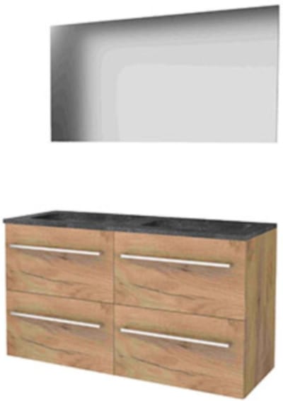 Basic-Line Basic 46 Badkamermeubelset - 120 x 46 cm - Met Grepen - 4 Lades - Hardstenen Wastafel - Zonder Kraangat - Spiegel - Whisky Oak