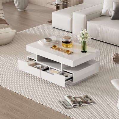 STILVORA Salontafel - Hoogglans Met Instelbare LED Lichtlijn En 4 Verstopte Lades - 3 Open Vakjes En Veel Opbergruimte Voor Woonkamer - Spaanplaat - 80x50x36 cm - Wit