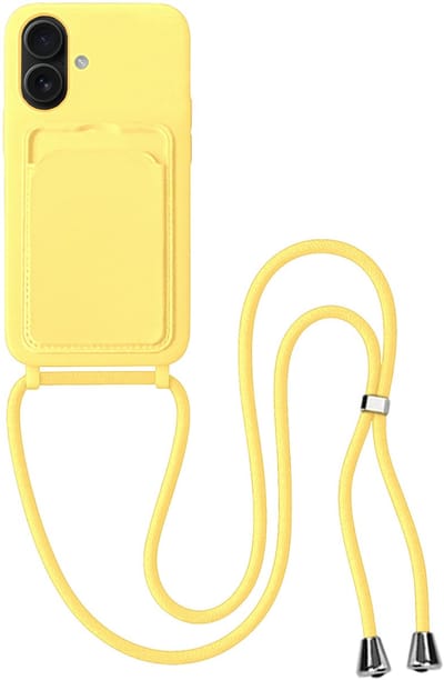 Hoes Geschikt voor iPhone 16 Plus Hoesje Pas Houder Case Hoes Met Koord - Hoesje Geschikt voor iPhone 16 Plus Hoes Met Telefoonkoord Pasjeshouder Cover - Geel