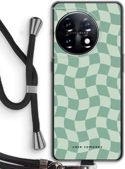 Case Company® - Hoesje met koord geschikt voor OnePlus 11 hoesje met Koord - Grid Groen - Telefoonhoesje met Zwart Koord - Bescherming aan alle Kanten en Over de Schermrand