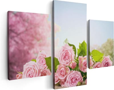 Artaza Canvas Schilderij Drieluik Boeket Roze Rozen Bloemen - 90x60 cm - Wanddecoratie Woonkamer - Schilderijen - Muurdecoratie