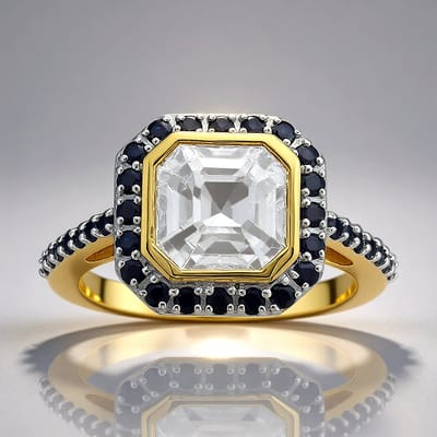 Cavill - 375 Geelgouden Ring met 3,183 ct Cambodjaanse Asscher Zirkoon & 0,808 ct Blauwe Saffier Pavé - Elegante Luxe Damesring