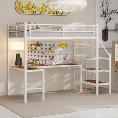 STILVORA Hoogslaper 90x200 cm – Met L Vormig Bureau En Opbergvakken – Trap Met Opbergruimte – Rondom Veiligheidshek – Voor Kinderkamer – IJzer – White | Zonder matras