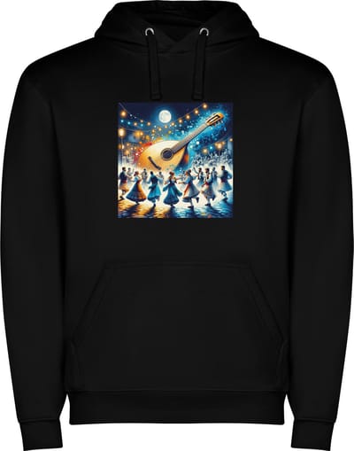Zwarte unisex hoodie met “ Kleurrijke Grieks Dansen – Muziekinstrument – Muziek – Feest “ Print Full Color Color merk Roly maat S