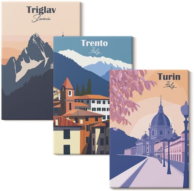 Wallfluent Set van canvas schilderijen - Bergen en retro-architectuur kleurrijke illustraties Canvas Schilderijen Set - set 3 stuks 20x30 cm - Veelkleurig Set van Canvas Prints - Architectuur Canvas Kunst Set - Boheemse Canvas Kunst Set